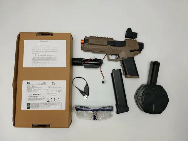 Alt view image 5 of 5 - Gel Ball Blaster Splatter X6 Full Auto Splatter Blaster with Drum Long Hopper Light and Goggles Electric Splat Blaster Splatter Ball Pistol for Outdoor New Upgrade Team Games Ages 14+ (Brown)