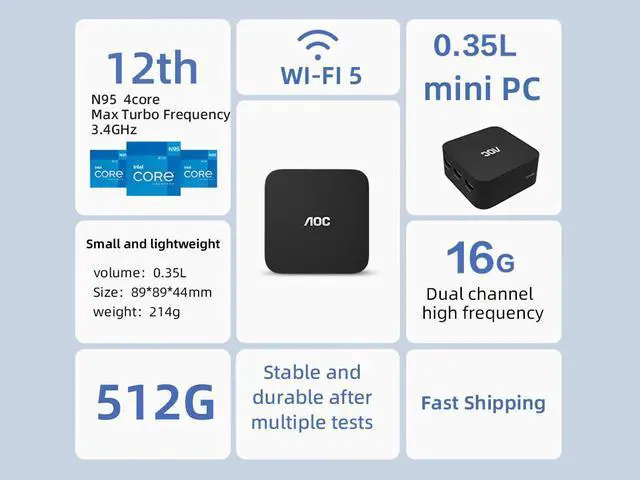 Alt view image 8 of 13 - AOC Mini-PC MOSS M1 Mini Computer Intel N95 Processor Mini PC Barebone System up to 3.4GHz with Graphics 16GB DDR5 512GB SSD Dual Frequency Wi-Fi 3.5*3.5*1.7 Inch 0.47 Lbs Home Office Work Business