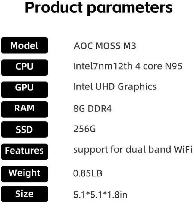 Alt view image 7 of 7 - AOC Mini PC MOSS M3 Mini Computer Mini PC Barebone System Intel N95 Processor up to 3.4GHz with Graphics 8GB DDR4 256GB SSD Dual Frequency Wi-Fi 5.1*5.1*1.8 Inch 0.85 Pound Home Office Work Business