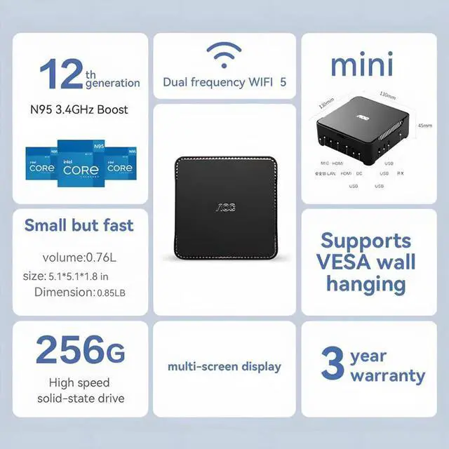 Alt view image 4 of 7 - AOC Mini PC MOSS M3 Mini Computer Mini PC Barebone System Intel N95 Processor up to 3.4GHz with Graphics 8GB DDR4 256GB SSD Dual Frequency Wi-Fi 5.1*5.1*1.8 Inch 0.85 Pound Home Office Work Business