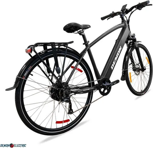 Alt view image 3 of 6 - Demon Electric Phantom 350W 27.5-in Touring Commuter Electric Bike, 60-70km Battery Range (14.5Ah), TEKTRO Hydraulic Brakes, SHIMANO 9 Speed Gear, Cargo Rack - Matte Black