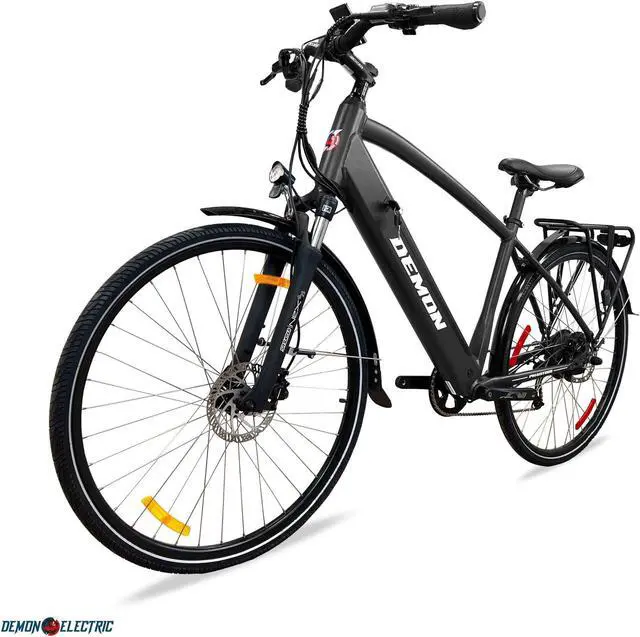 Alt view image 4 of 6 - Demon Electric Phantom 350W 27.5-in Touring Commuter Electric Bike, 60-70km Battery Range (14.5Ah), TEKTRO Hydraulic Brakes, SHIMANO 9 Speed Gear, Cargo Rack - Matte Black