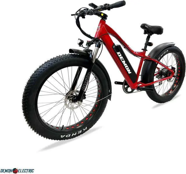 Alt view image 3 of 5 - Demon Electric Thunderbolt SL 500W 26-in Fat-Tire Electric Bike, 50-60km Battery Range (16.75Ah), Front Suspension, TEKTRO Hydraulic Brakes, SHIMANO 7 Speed Gear - Red