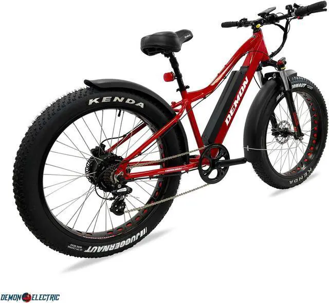 Alt view image 4 of 5 - Demon Electric Thunderbolt SL 500W 26-in Fat-Tire Electric Bike, 50-60km Battery Range (16.75Ah), Front Suspension, TEKTRO Hydraulic Brakes, SHIMANO 7 Speed Gear - Red