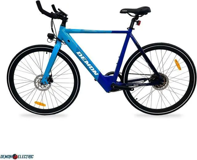 Alt view image 3 of 5 - Demon Electric 6ix 250W 27.5-in City Electric Bike, 50-60km Battery Range (10.5Ah), BOLIDS Hydraulic Brakes, Bull Horn, 40 lbs Lightweight & Stylish Design - Blue Gradient