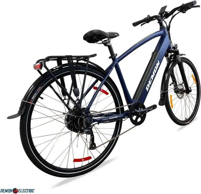 Alt view image 3 of 5 - Demon Electric Phantom 350W 27.5-in Touring Commuter Electric Bike, 60-70km Battery Range (14.5Ah), TEKTRO Hydraulic Brakes, SHIMANO 9 Speed Gear, Cargo Rack - Navy Blue