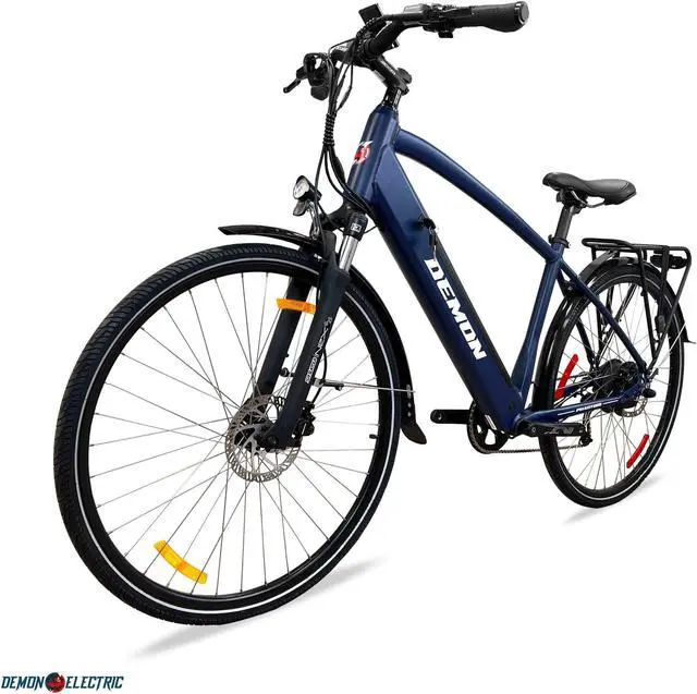 Alt view image 5 of 5 - Demon Electric Phantom 350W 27.5-in Touring Commuter Electric Bike, 60-70km Battery Range (14.5Ah), TEKTRO Hydraulic Brakes, SHIMANO 9 Speed Gear, Cargo Rack - Navy Blue