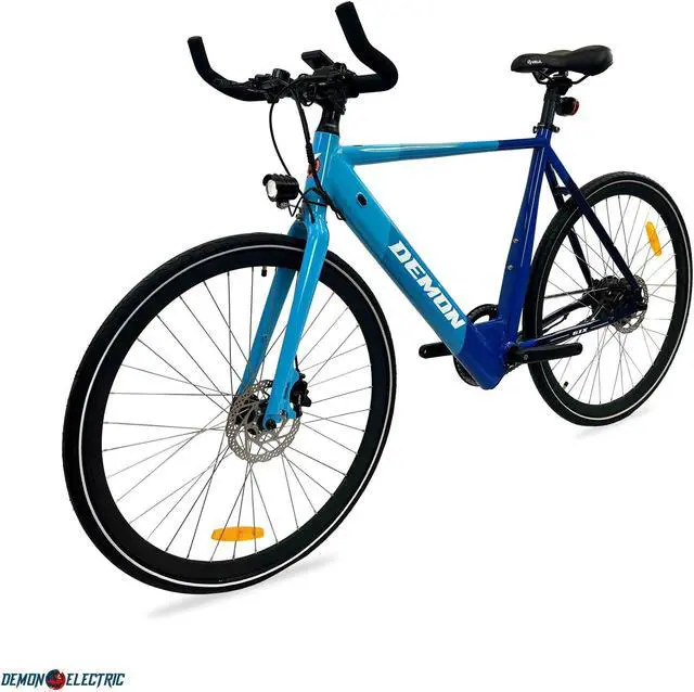 Alt view image 2 of 5 - Demon Electric 6ix 250W 27.5-in City Electric Bike, 50-60km Battery Range (10.5Ah), BOLIDS Hydraulic Brakes, Bull Horn, 40 lbs Lightweight & Stylish Design - Blue Gradient
