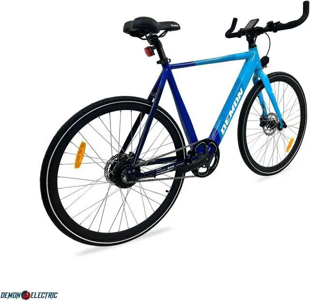 Alt view image 4 of 5 - Demon Electric 6ix 250W 27.5-in City Electric Bike, 50-60km Battery Range (10.5Ah), BOLIDS Hydraulic Brakes, Bull Horn, 40 lbs Lightweight & Stylish Design - Blue Gradient