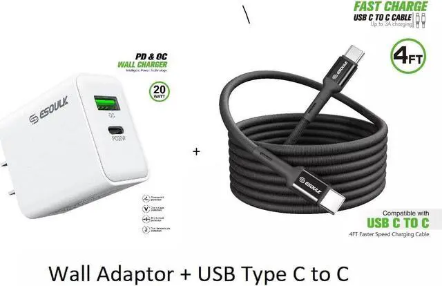 Main image of For BLU View 5 B160V 20W Fast Home Wall Travel Charger + 4FT Type C to C USB Cable