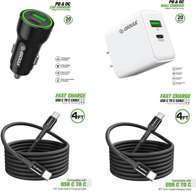 Main image of For TCL K11 T432W 20W Car Charger Plus 20W Wall Charger with 2X C to C USB Cable Combo