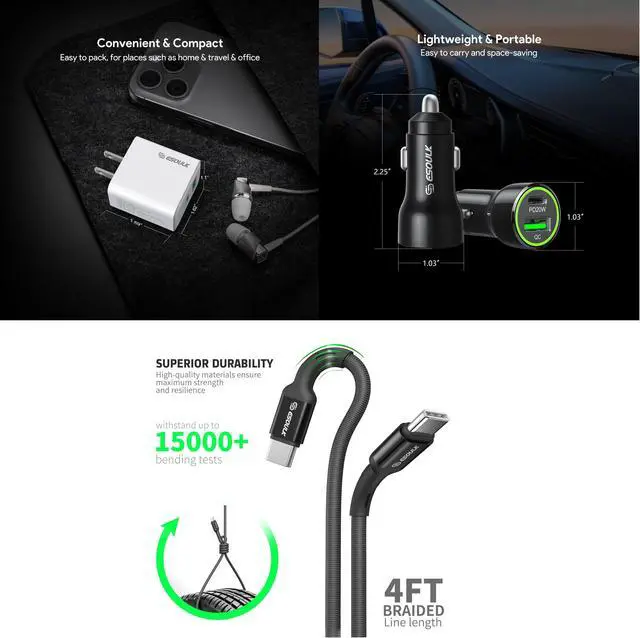 Alt view image 2 of 6 - For TCL K11 T432W 20W Car Charger Plus 20W Wall Charger with 2X C to C USB Cable Combo