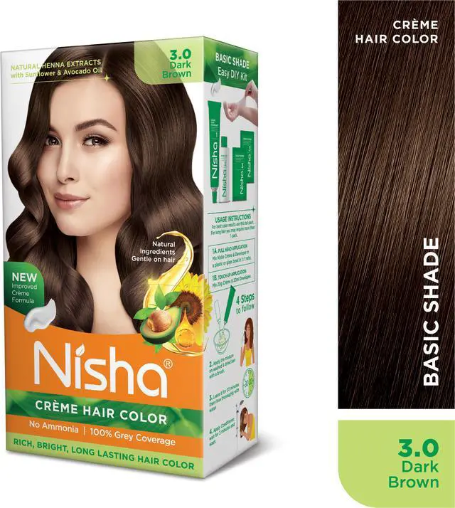Main image of Nisha Cream Hair Color Rich Bright Long Lasting Hair Colouring For Ultra Soft Deep Shine 100% Grey Coverage Conditioning With Natural Herbs 120gm Dark Brown (Pack of 1)