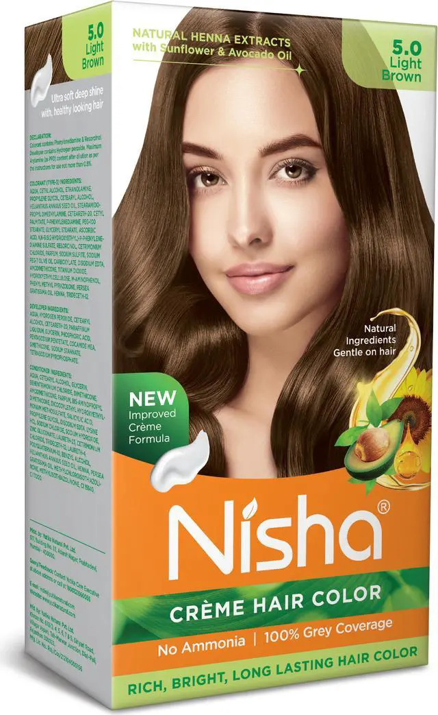 Main image of Nisha Cream Hair Color Rich Bright Long Lasting Hair Colouring For Ultra Soft Deep Shine 100% Grey Coverage Conditioning With Natural Herbs 120gm Light Brown (Pack of 1)