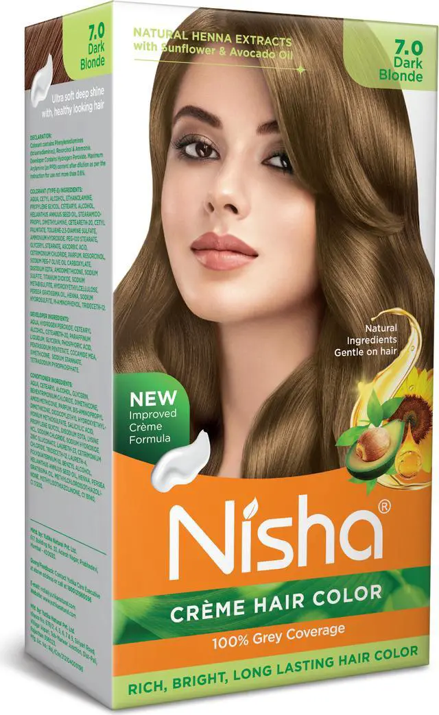 Main image of Nisha Cream Hair Color Rich Bright Long Lasting Hair Colouring For Ultra Soft Deep Shine 100% Grey Coverage Conditioning With Natural Herbs 150gm Dark Blonde (Pack of 1)