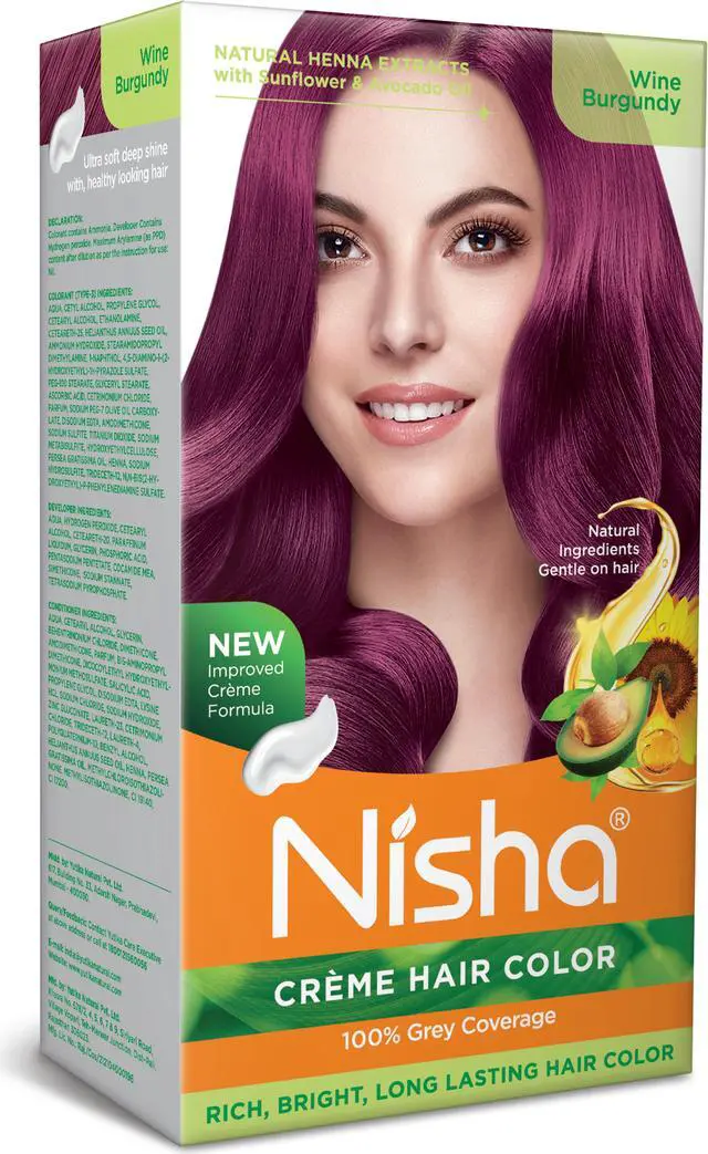 Main image of Nisha Cream Hair Color Rich Bright Long Lasting Hair Colouring For Ultra Soft Deep Shine 100% Grey Coverage Conditioning With Natural Herbs 120gm Wine Burgundy (Pack of 1)