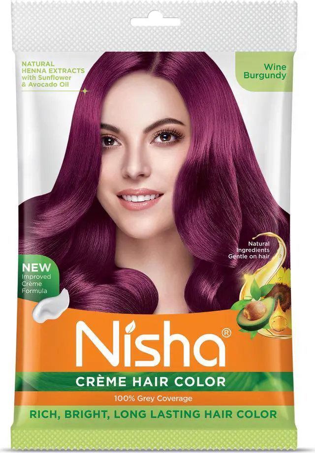 Main image of Nisha Cream Hair Color Rich Bright Long Lasting Hair Colouring For Ultra Soft Deep Shine 100% Grey Coverage Conditioning With Natural Herbs 40gm Wine Burgundy (Pack of 1)