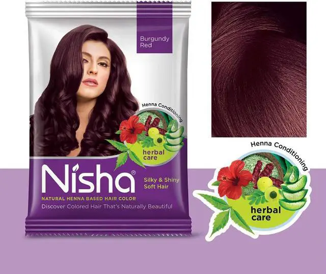 Main image of Nisha Natural Henna Based Hair Color Henna Silky & Shiny Soft Hair 15Gm Each Pack Burgundy Red (Pack Of 10)