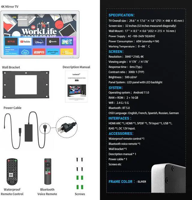Alt view image 6 of 7 - Leotachi 4K Ultra HD 32-inch High-end Bathroom Mirror TV IP66 Waterproof Android TV Supports Voice Remote Control Google Assistant, Built-in ATSC Tuner, HDMI (ARC), SPDIF for an Immersive Experience.