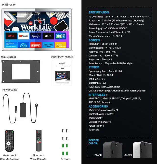 Alt view image 6 of 7 - Leotachi 4K Ultra HD 32-inch High-end Bathroom Mirror TV IP66 Waterproof Android TV Supports Voice Remote Control Google Assistant, Built-in ATSC Tuner, HDMI (ARC), SPDIF (Black)