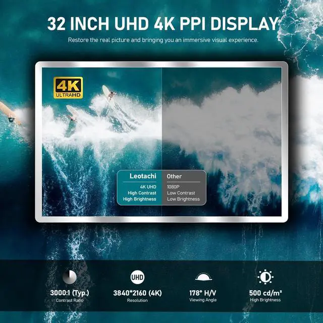 Alt view image 2 of 7 - Leotachi 4K Ultra HD 32-inch High-end Bathroom Mirror TV IP66 Waterproof Android TV Supports Voice Remote Control Google Assistant, Built-in ATSC Tuner, HDMI (ARC), SPDIF (Black)