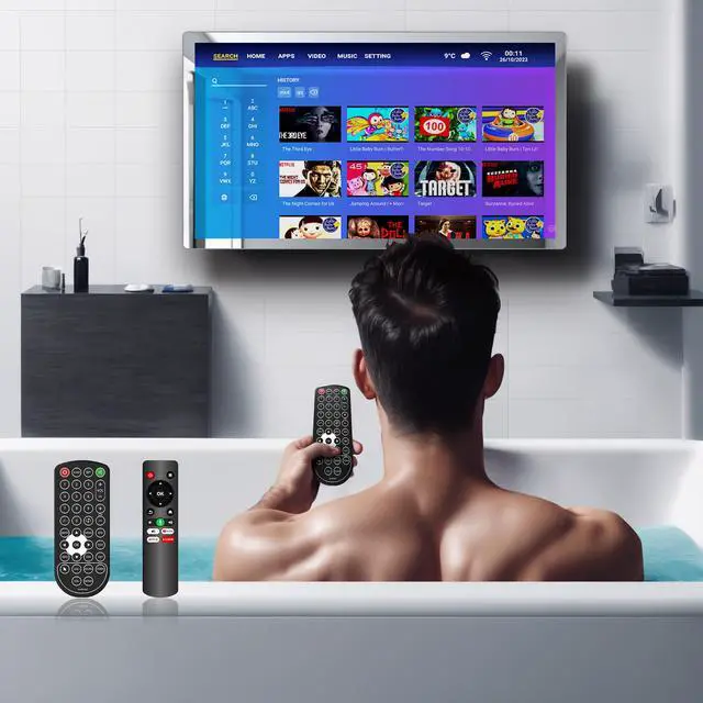 Main image of Leotachi 4K Ultra HD 32-inch High-end Bathroom Mirror TV IP66 Waterproof Android TV Supports Voice Remote Control Google Assistant, Built-in ATSC Tuner, HDMI (ARC), SPDIF for an Immersive Experience.