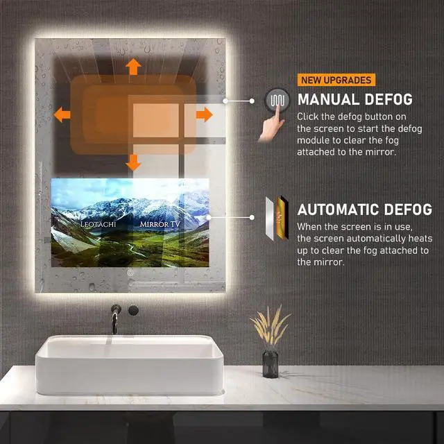 Alt view image 5 of 7 - Leotachi 33" x 24" smart bathroom vanity waterproof mirror is equipped with an adjustable 3-color LED light strip and a built-in 21.5" touch screen Bluetooth, wifi, hdmi, Android 11