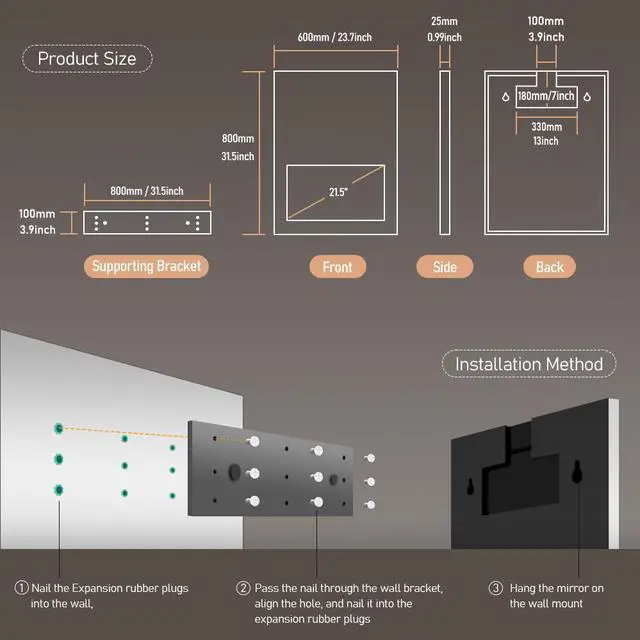 Alt view image 7 of 7 - Leotachi 33" x 24" smart bathroom vanity waterproof mirror is equipped with an adjustable 3-color LED light strip and a built-in 21.5" touch screen Bluetooth, wifi, hdmi, Android 11