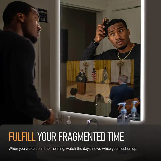 Alt view image 6 of 7 - Leotachi 33" x 24" smart bathroom vanity waterproof mirror is equipped with an adjustable 3-color LED light strip and a built-in 21.5" touch screen Bluetooth, wifi, hdmi, Android 11