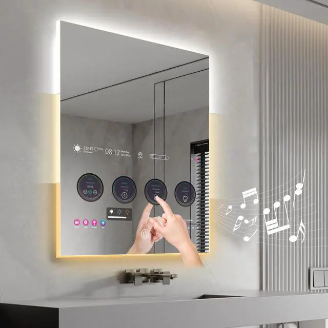 Main image of Leotachi 33" x 24" smart bathroom vanity waterproof mirror is equipped with an adjustable 3-color LED light strip and a built-in 21.5" touch screen Bluetooth, wifi, hdmi, Android 11
