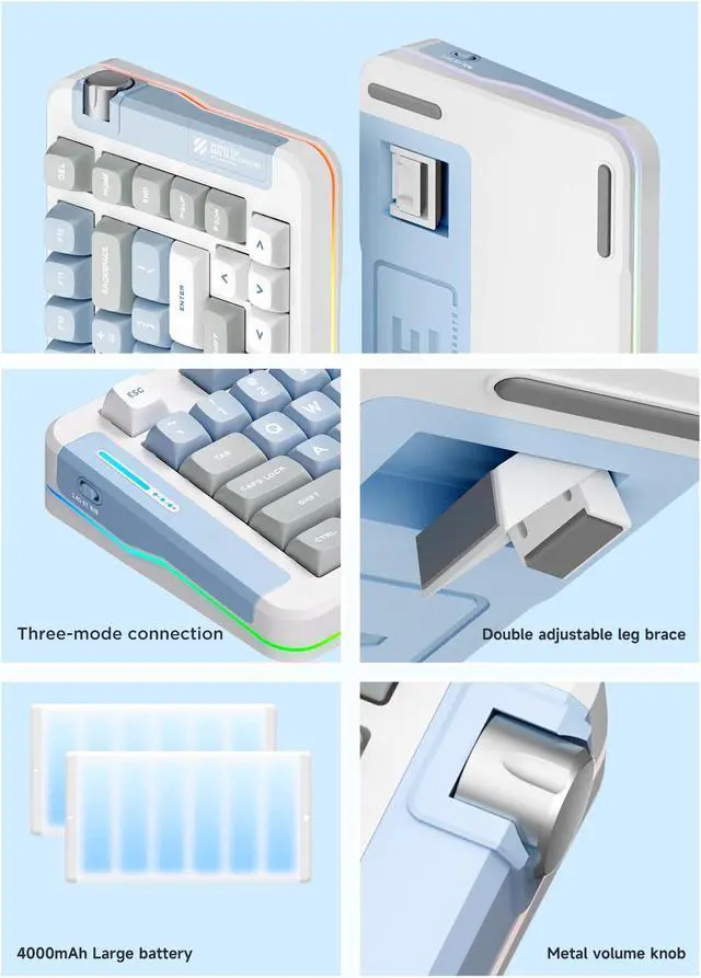 Alt view image 6 of 7 - Mechanical Gaming Keyboard, RGB Backlit Wired Keyboard with Blue Switches & ABS Keycaps, Splash-Proof Function with Ergonomic Design, White BT/ 98 keys 6000mah Battery