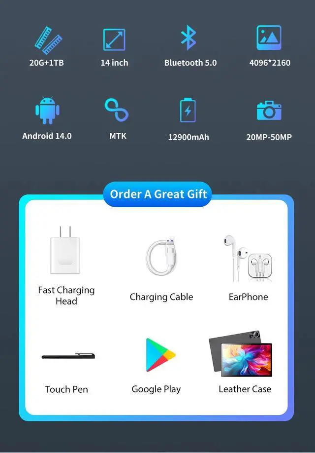 Alt view image 2 of 7 - DQDRM 2025 New Arrival 14 Inch Tablet Android 13.0 Google Play Dual 5G Network GPS Bluetooth WiFi Tablets 20GB RAM 1TB ROM