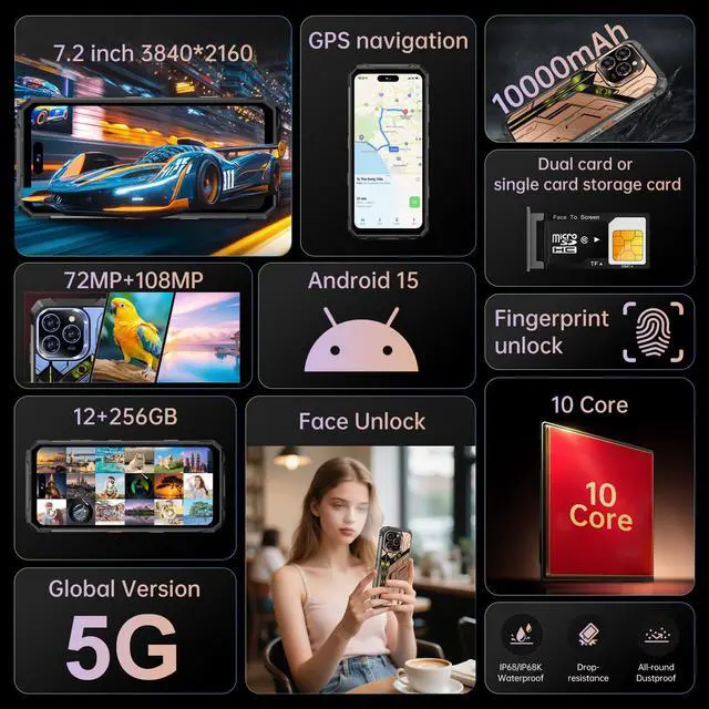 Alt view image 2 of 7 - 6.8 inch 12G 256GB 10 core battery capacity of 10000mA cell phone IP68/IP68K triple protection waterproof technology shockproof and dustproof large battery, supports NFC infrared remote control phone