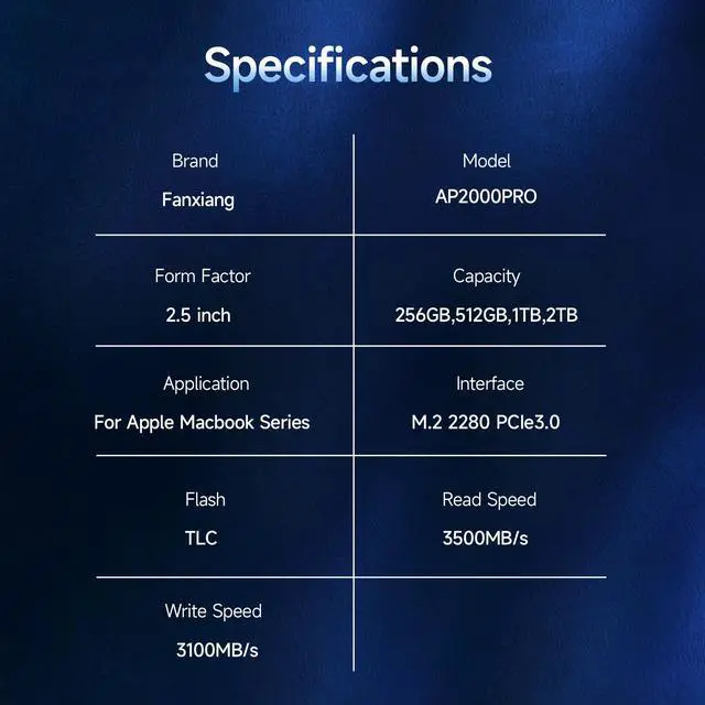 Alt view image 5 of 6 - Fanxiang 2TB MAC SSD NVMe PCIe Gen3x4 3D NAND TLC Read Up to 3500MB/s Compatible with Apple MacBook Air (2013-2015, 2017), MacBook Pro (2013-2015), iMac (2013-2017), Mac Pro (2013), Mac Mini (2014)
