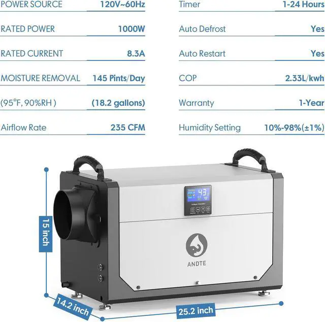 Alt view image 4 of 7 - ANDTE 145 Pints Commercial Dehumidifier, Crawl Space Dehumidifier for Basement with 6.56ft Drain Hose and 24 Hr Timer, Compact, Portable, Auto Defrost, Memory Starting