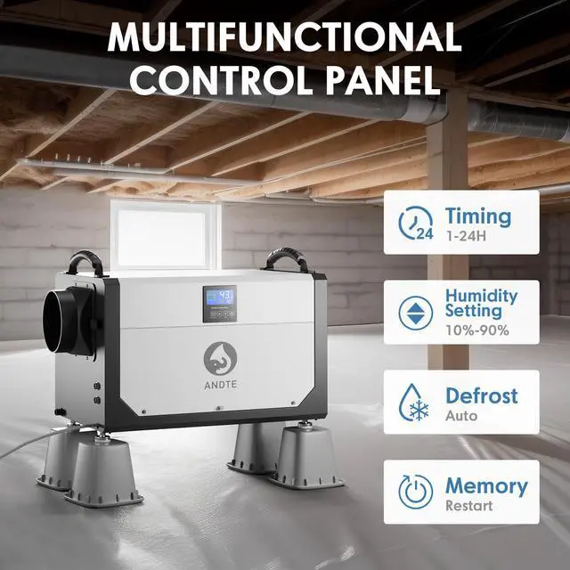 Alt view image 2 of 7 - ANDTE 145 Pints Commercial Dehumidifier, Crawl Space Dehumidifier for Basement with 6.56ft Drain Hose and 24 Hr Timer, Compact, Portable, Auto Defrost, Memory Starting