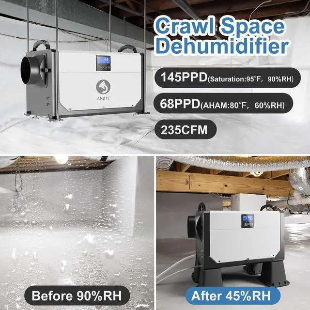 Alt view image 3 of 7 - ANDTE 145 Pints Commercial Dehumidifier, Crawl Space Dehumidifier for Basement with 6.56ft Drain Hose and 24 Hr Timer, Compact, Portable, Auto Defrost, Memory Starting