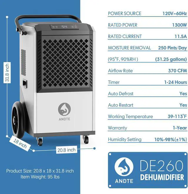 Alt view image 5 of 7 - ANDTE 250 Pints Commercial Dehumidifier, Crawl Space Dehumidifier for Basement, with 6.56ft Drain Hose and 24 Hr Timer, Spaces up to 8000 Sq ft, Auto Defrost