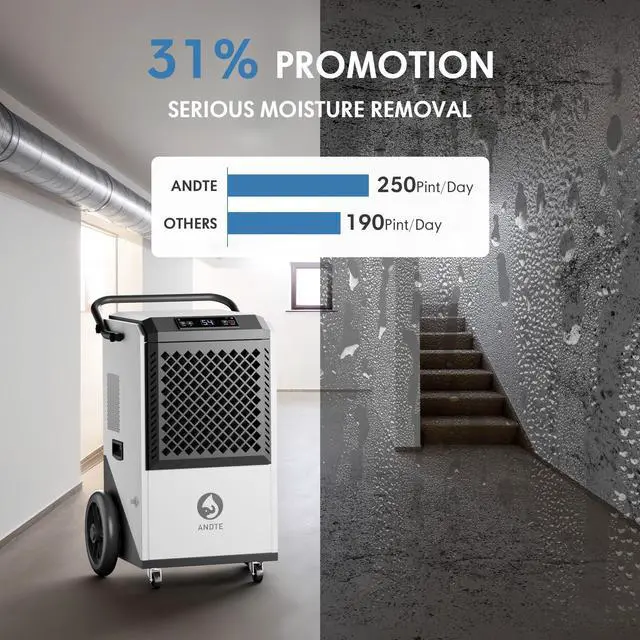 Alt view image 6 of 7 - ANDTE 250 Pints Commercial Dehumidifier, Crawl Space Dehumidifier for Basement, with 6.56ft Drain Hose and 24 Hr Timer, Spaces up to 8000 Sq ft, Auto Defrost