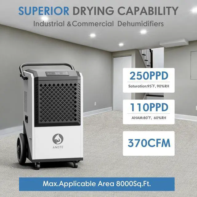Alt view image 3 of 7 - ANDTE 250 Pints Commercial Dehumidifier, Crawl Space Dehumidifier for Basement, with 6.56ft Drain Hose and 24 Hr Timer, Spaces up to 8000 Sq ft, Auto Defrost
