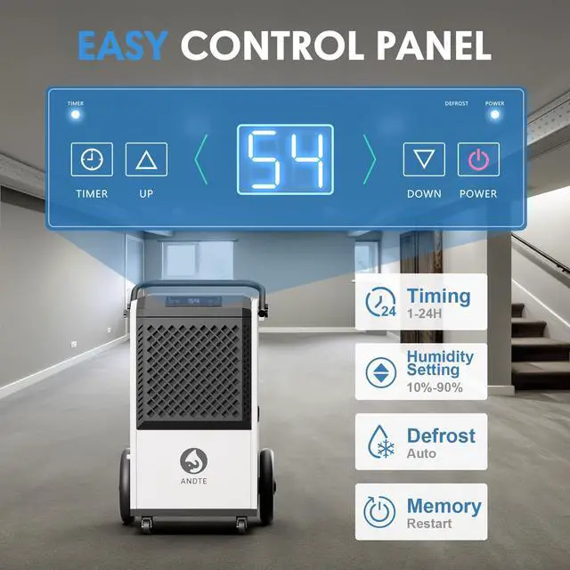 Alt view image 4 of 7 - ANDTE 250 Pints Commercial Dehumidifier, Crawl Space Dehumidifier for Basement, with 6.56ft Drain Hose and 24 Hr Timer, Spaces up to 8000 Sq ft, Auto Defrost