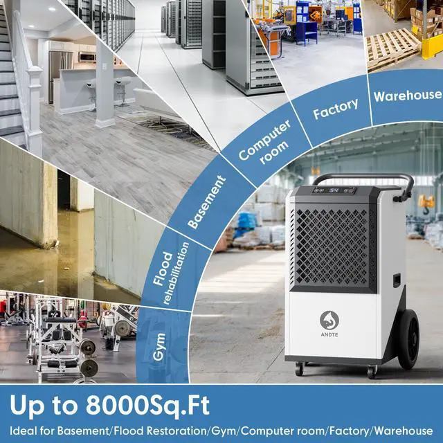 Alt view image 7 of 7 - ANDTE 250 Pints Commercial Dehumidifier, Crawl Space Dehumidifier for Basement, with 6.56ft Drain Hose and 24 Hr Timer, Spaces up to 8000 Sq ft, Auto Defrost