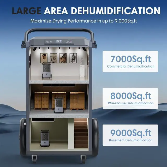 Alt view image 3 of 7 - ANDTE 305 Pints Commercial Dehumidifier, Crawl Space Dehumidifier for Basement with 6.56ft Drain Hose and 24 Hr Timer, Spaces up to 9000 Sq. Ft, Compact, Portable, Auto Defrost, Memory Starting