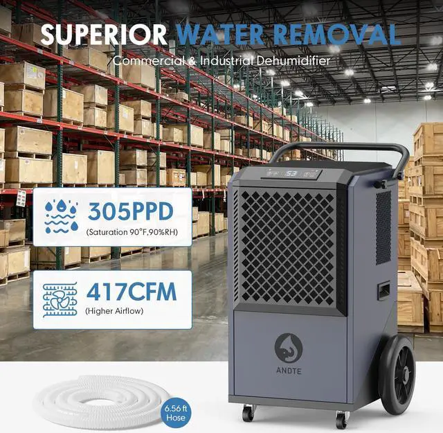 Alt view image 5 of 7 - ANDTE 305 Pints Commercial Dehumidifier, Crawl Space Dehumidifier for Basement with 6.56ft Drain Hose and 24 Hr Timer, Spaces up to 9000 Sq. Ft, Compact, Portable, Auto Defrost, Memory Starting