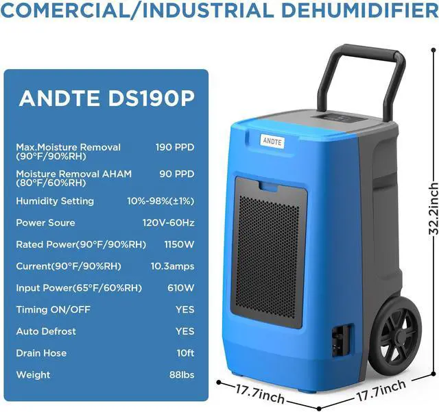 Alt view image 7 of 7 - ANDTE 190 Pints Commercial Dehumidifier with Built-in Drainage Pump, Blue