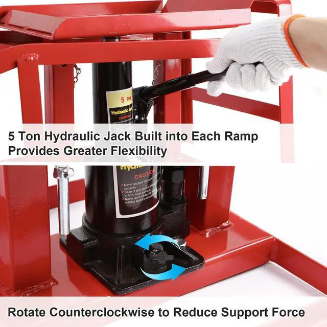 Alt view image 4 of 7 - Car Ramps 2 Pack Hydraulic High Lift Service Vehicle Ramps 5T 11023 lbs Heavy Duty Steel Automotive Truck Wheel Ramps for Oil Changes with Support Jack for DIY Repair Stores Auto Beauty Stores