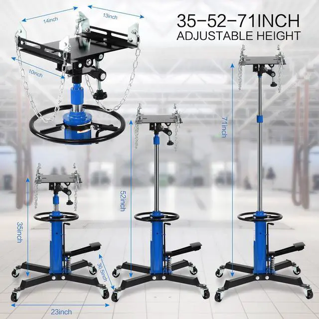 Alt view image 4 of 7 - Transmission Jack Heavy Duty Professional Hydraulic Transmission Jack High Lift 2 Stage Adjustable Telescoping 1/2 Ton Capacity Tack Adapter for Floor Jack Car Lift with Foot Pedal (Blue)