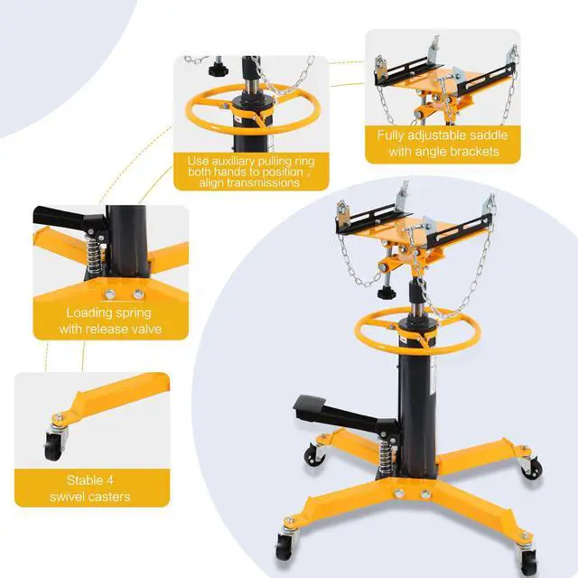 Alt view image 6 of 7 - Transmission Jack Heavy Duty Professional Hydraulic Transmission Jack High Lift 2 Stage Adjustable Telescoping 1/2 Ton Capacity Tack Adapter for Floor Jack Car Lift with Foot Pedal (Yellow)