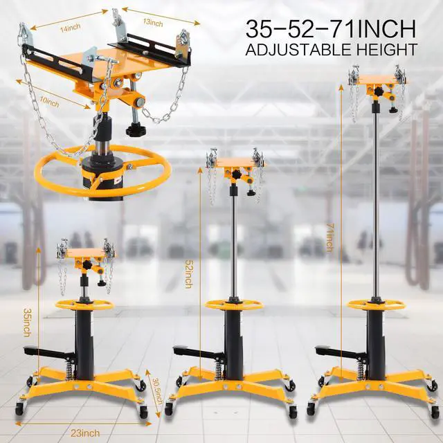 Alt view image 4 of 7 - Transmission Jack Heavy Duty Professional Hydraulic Transmission Jack High Lift 2 Stage Adjustable Telescoping 1/2 Ton Capacity Tack Adapter for Floor Jack Car Lift with Foot Pedal (Yellow)