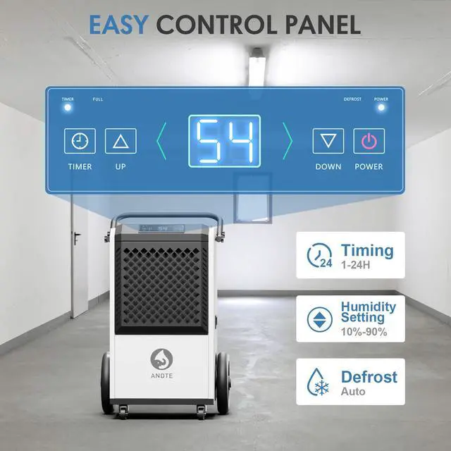 Alt view image 6 of 7 - ANDTE 250 Pints Commercial Dehumidifier, Crawl Space Dehumidifier for Basement, with internal automatic drain pump, 6.56ft Drain Hose and 24 Hr Timer, Spaces up to 8000 Sq Ft, Auto Defrost